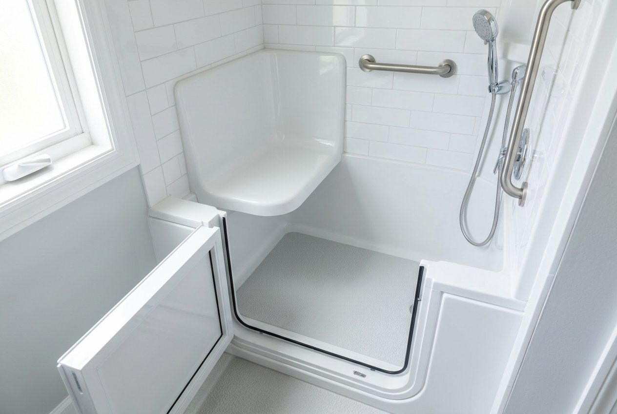 Walk-in tub with the door open showing the low threshold, built-in seat, and grab bar